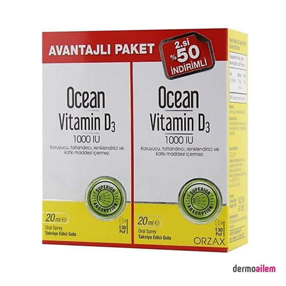 Takviye Edici GıdalarOrzaxOcean Vitamin D3 1000 IU 2'li Paket 20 ml Sprey