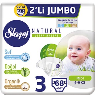Bebek BezleriSleepySleepy Natural 3 Numara Midi 68'li Jumbo Paket Bebek Bezi