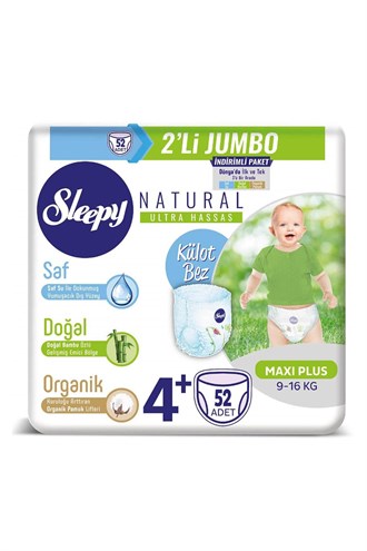 Bebek BezleriSleepySleepy Natural 4+ Numara Maxi Plus 52'li Jumbo Paket Bebek Bezi