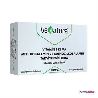 Takviye Edici GıdalarVeNaturaVenatura Vitamin B12 Ma Metilkobalamin ve Adenozilkobalamin 30 Tablet